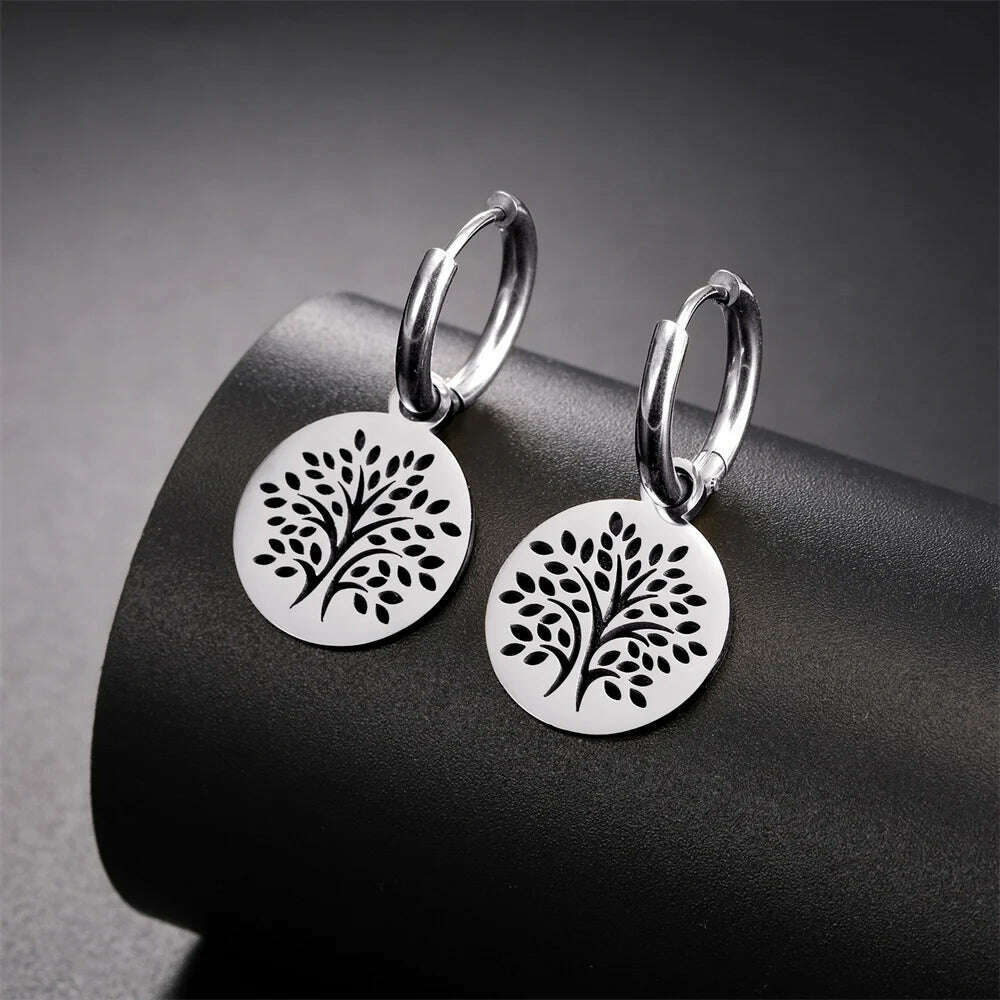 Gold Plated Tree of Life Rond Dangle Hoop Earrings for Women Stainless Steel Luxury Charm Trend Female Earring Jewelry Gifts - KIMLUD