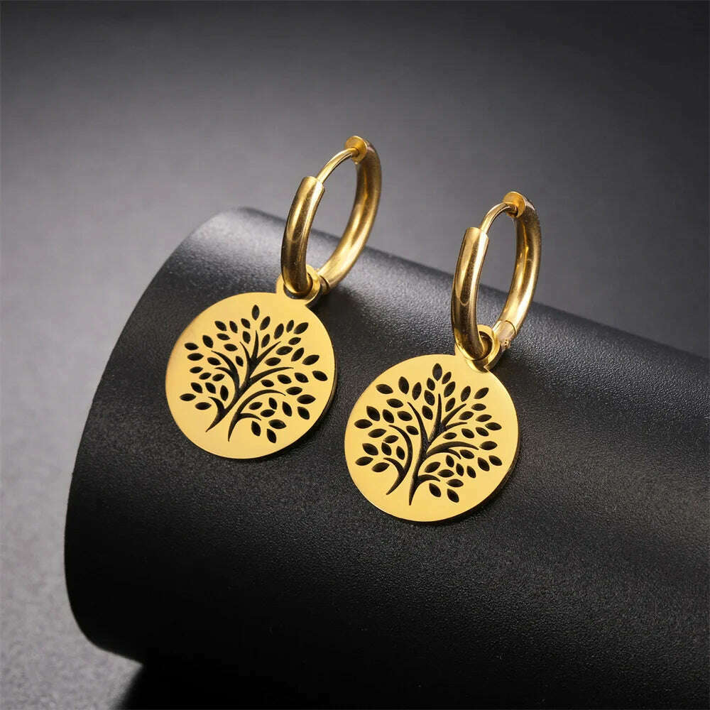 KIMLUD, Gold Plated Tree of Life Rond Dangle Hoop Earrings for Women Stainless Steel Luxury Charm Trend Female Earring Jewelry Gifts, KIMLUD Womens Clothes