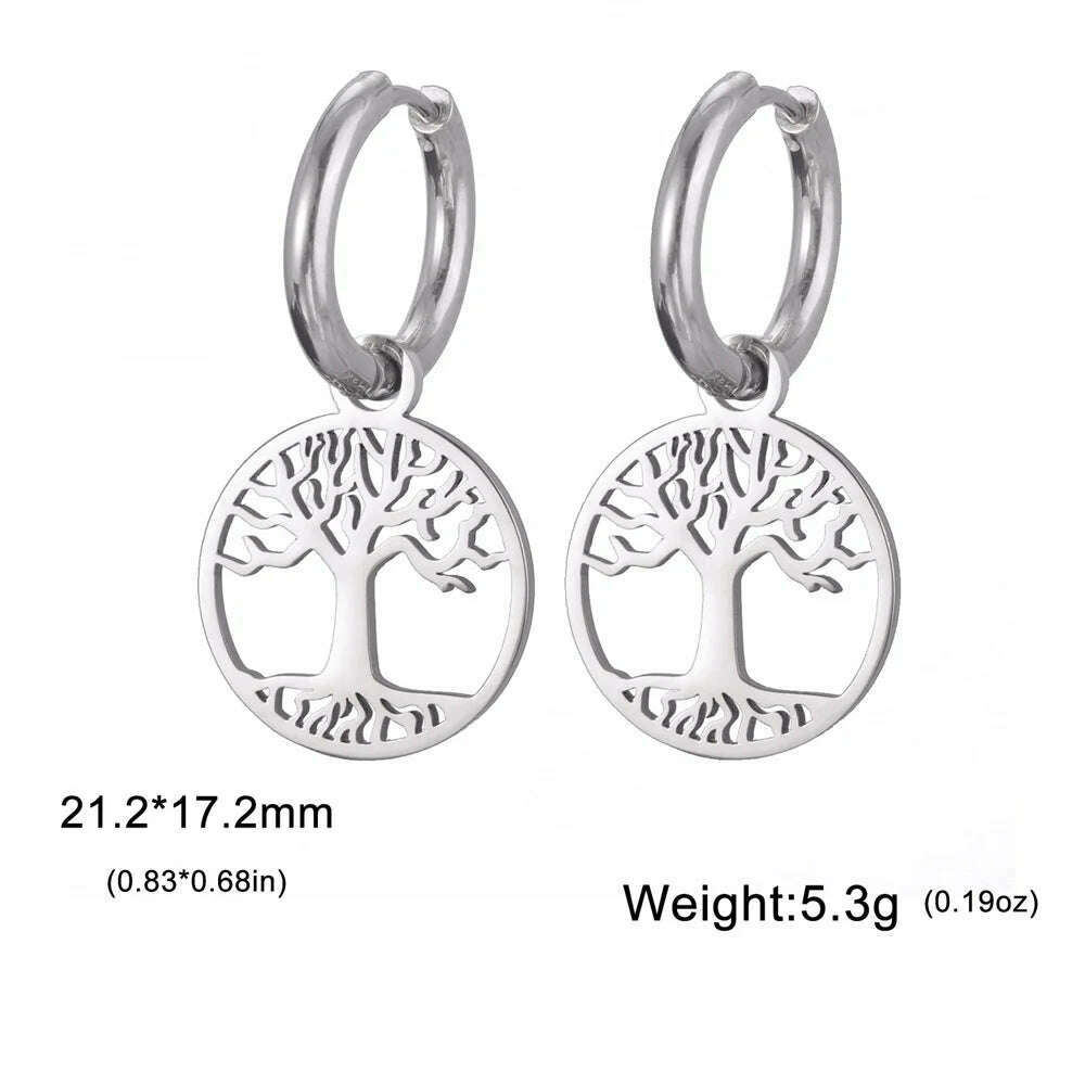 KIMLUD, Gold Plated Tree of Life Rond Dangle Hoop Earrings for Women Stainless Steel Luxury Charm Trend Female Earring Jewelry Gifts, Silver Tree B, KIMLUD APPAREL - Womens Clothes