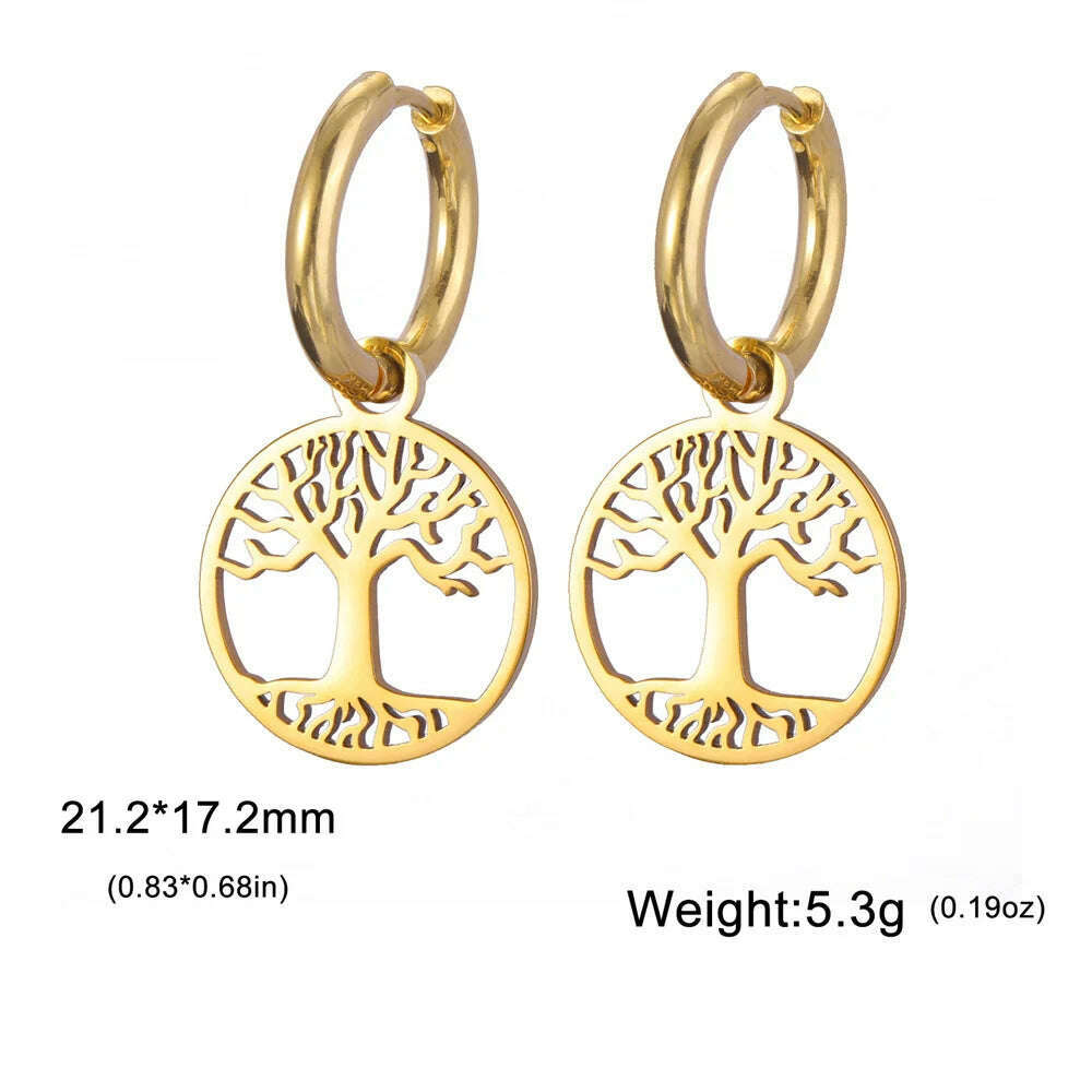 Gold Plated Tree of Life Rond Dangle Hoop Earrings for Women Stainless Steel Luxury Charm Trend Female Earring Jewelry Gifts - KIMLUD