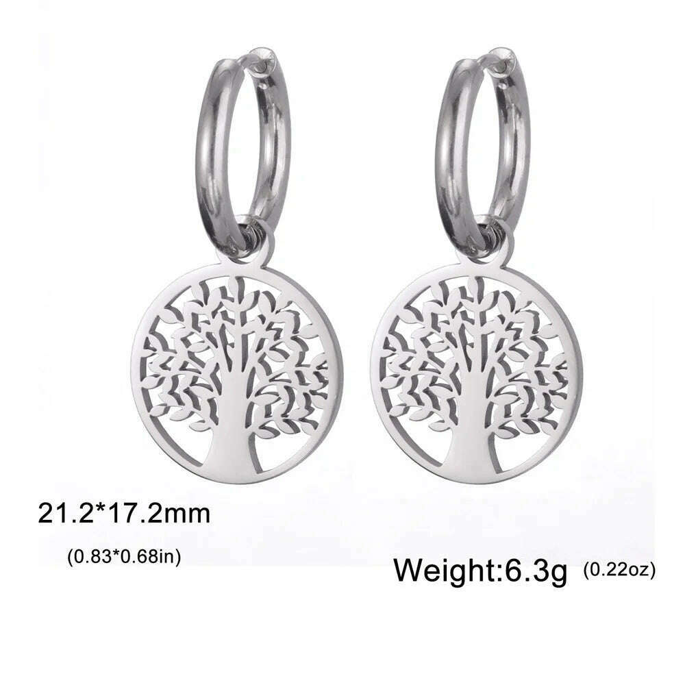 Gold Plated Tree of Life Rond Dangle Hoop Earrings for Women Stainless Steel Luxury Charm Trend Female Earring Jewelry Gifts - KIMLUD