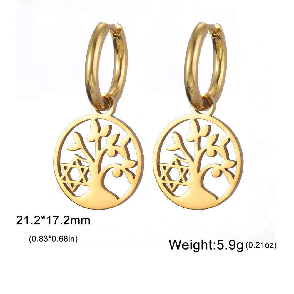 Gold Plated Tree of Life Rond Dangle Hoop Earrings for Women Stainless Steel Luxury Charm Trend Female Earring Jewelry Gifts - KIMLUD