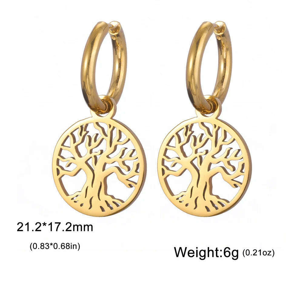 KIMLUD, Gold Plated Tree of Life Rond Dangle Hoop Earrings for Women Stainless Steel Luxury Charm Trend Female Earring Jewelry Gifts, Gold Tree I, KIMLUD APPAREL - Womens Clothes