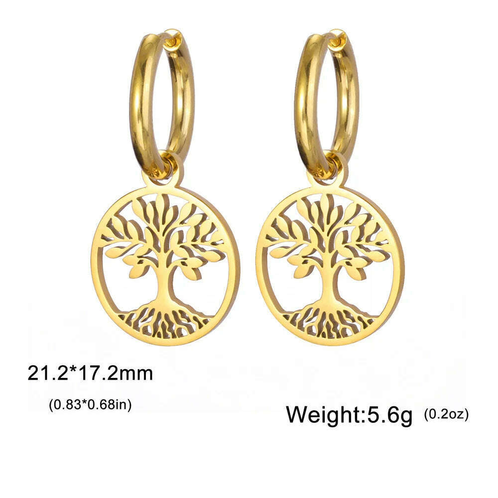 Gold Plated Tree of Life Rond Dangle Hoop Earrings for Women Stainless Steel Luxury Charm Trend Female Earring Jewelry Gifts - KIMLUD