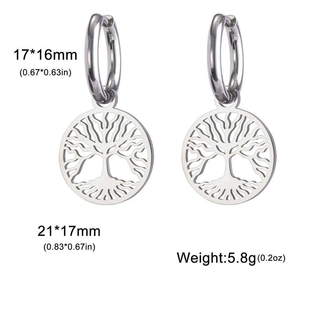 KIMLUD, Gold Plated Tree of Life Rond Dangle Hoop Earrings for Women Stainless Steel Luxury Charm Trend Female Earring Jewelry Gifts, Silver Tree, KIMLUD APPAREL - Womens Clothes