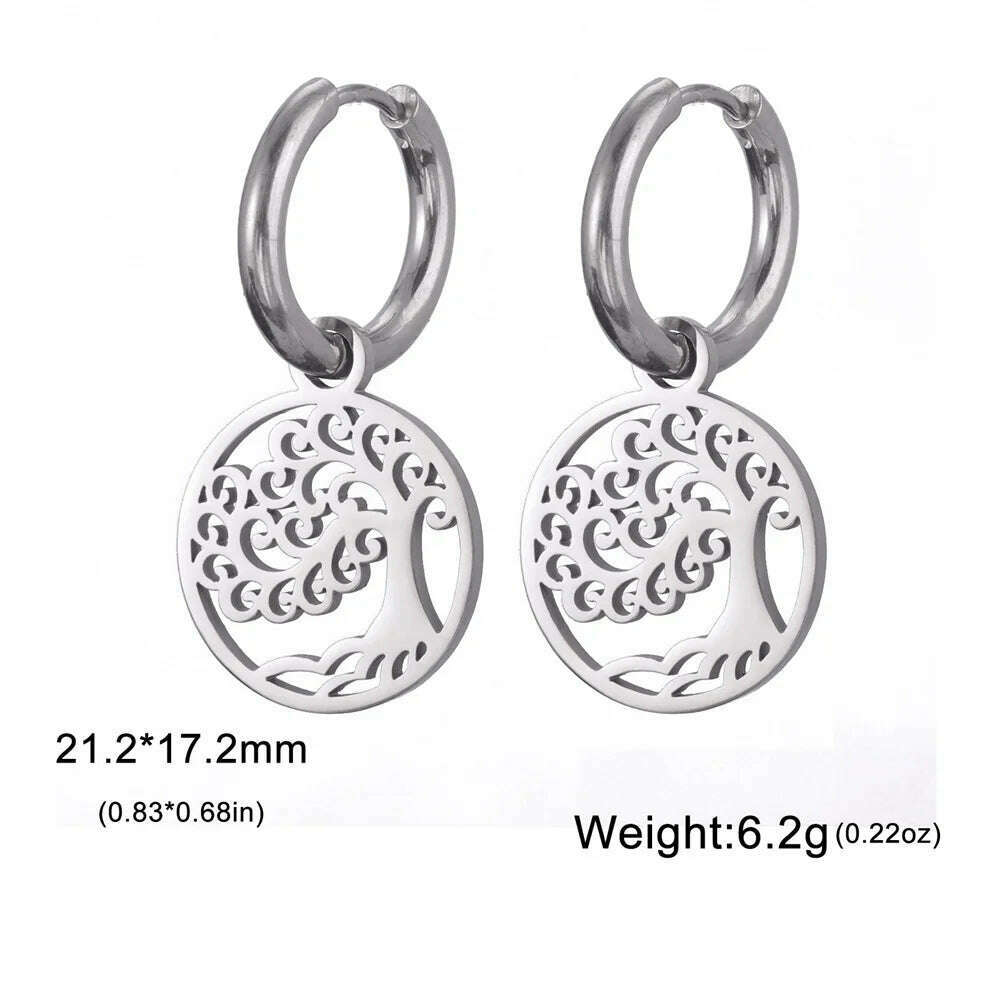 KIMLUD, Gold Plated Tree of Life Rond Dangle Hoop Earrings for Women Stainless Steel Luxury Charm Trend Female Earring Jewelry Gifts, Silver Tree D, KIMLUD APPAREL - Womens Clothes