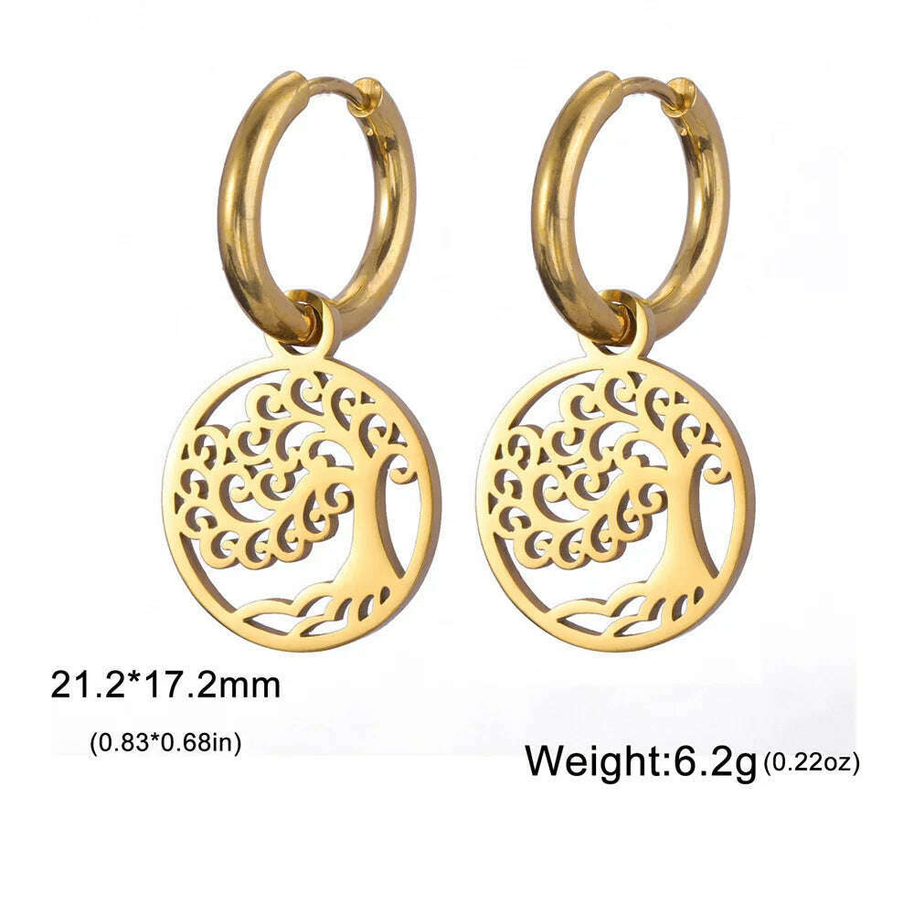 Gold Plated Tree of Life Rond Dangle Hoop Earrings for Women Stainless Steel Luxury Charm Trend Female Earring Jewelry Gifts - KIMLUD