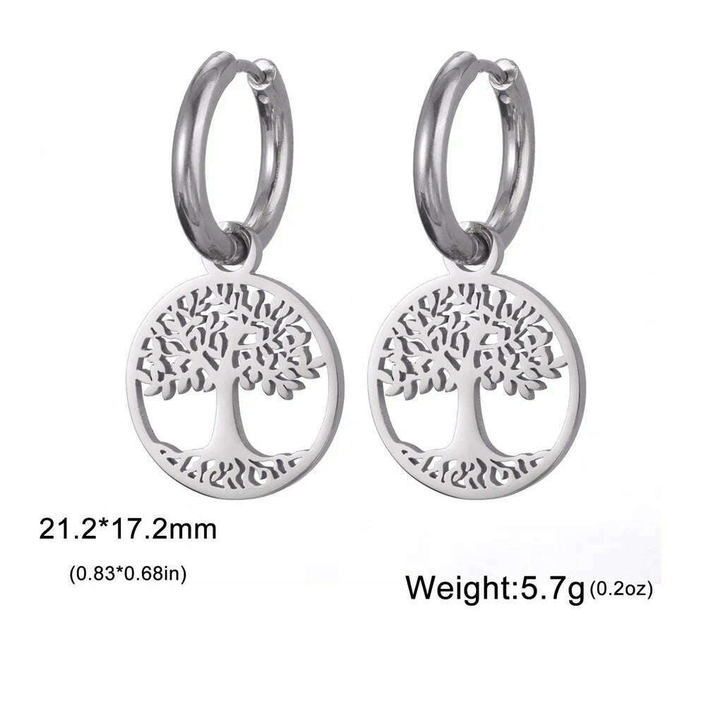 Gold Plated Tree of Life Rond Dangle Hoop Earrings for Women Stainless Steel Luxury Charm Trend Female Earring Jewelry Gifts - KIMLUD