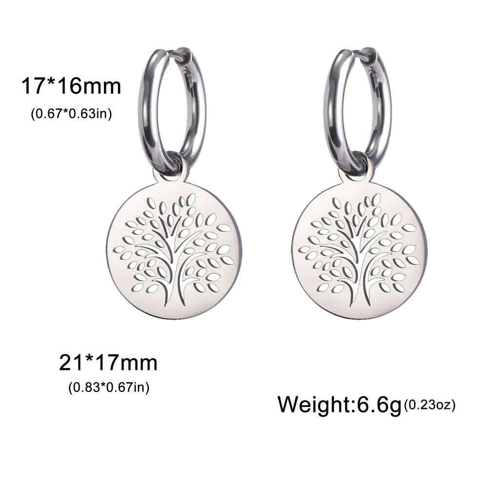 Gold Plated Tree of Life Rond Dangle Hoop Earrings for Women Stainless Steel Luxury Charm Trend Female Earring Jewelry Gifts - KIMLUD