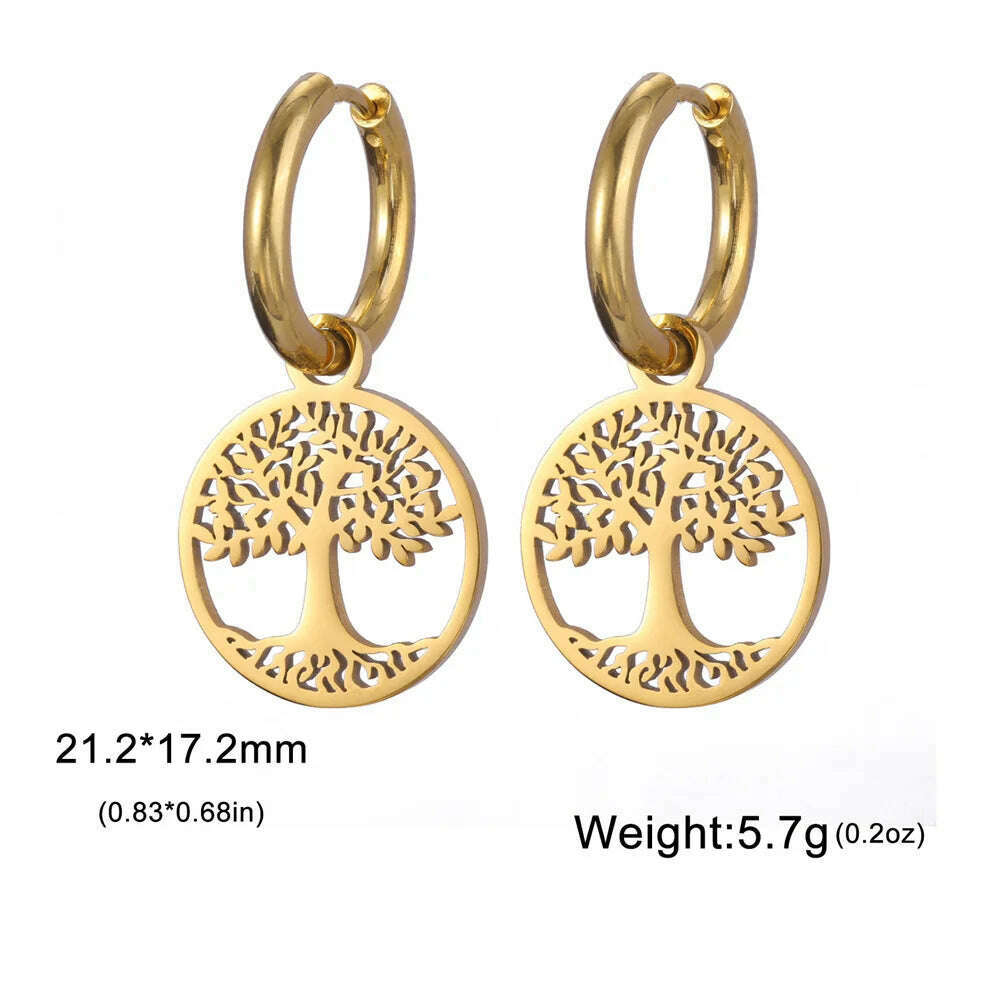 KIMLUD, Gold Plated Tree of Life Rond Dangle Hoop Earrings for Women Stainless Steel Luxury Charm Trend Female Earring Jewelry Gifts, Gold Tree E, KIMLUD APPAREL - Womens Clothes