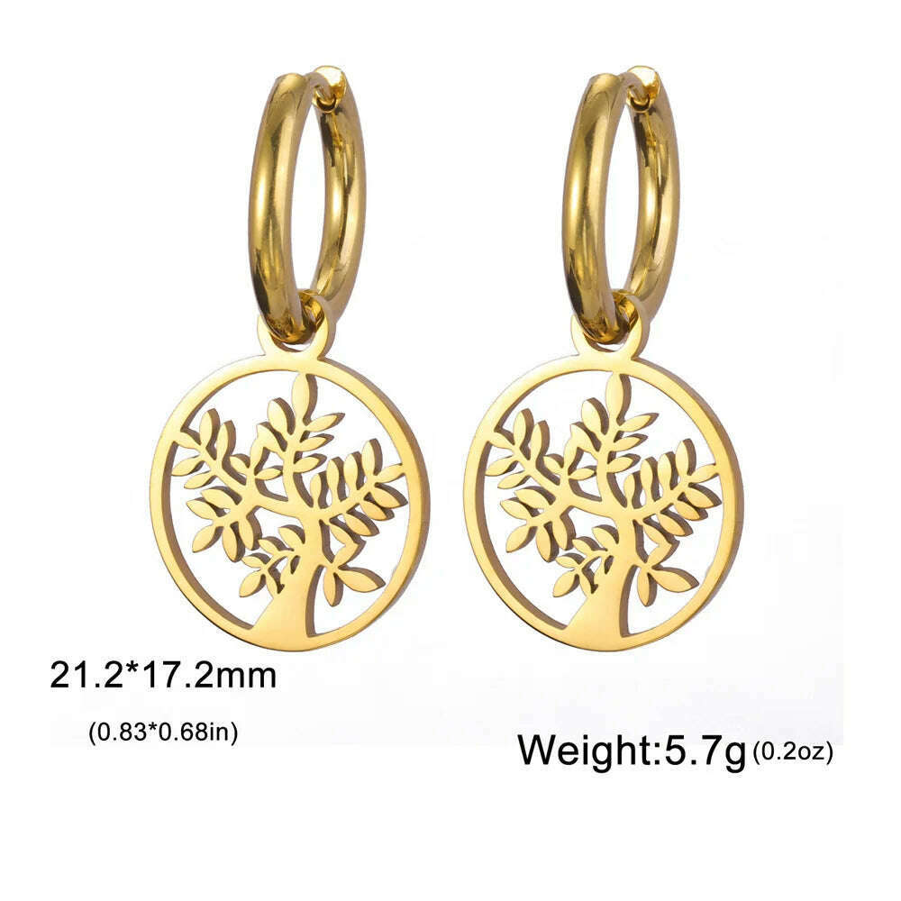 KIMLUD, Gold Plated Tree of Life Rond Dangle Hoop Earrings for Women Stainless Steel Luxury Charm Trend Female Earring Jewelry Gifts, Gold Tree F, KIMLUD APPAREL - Womens Clothes