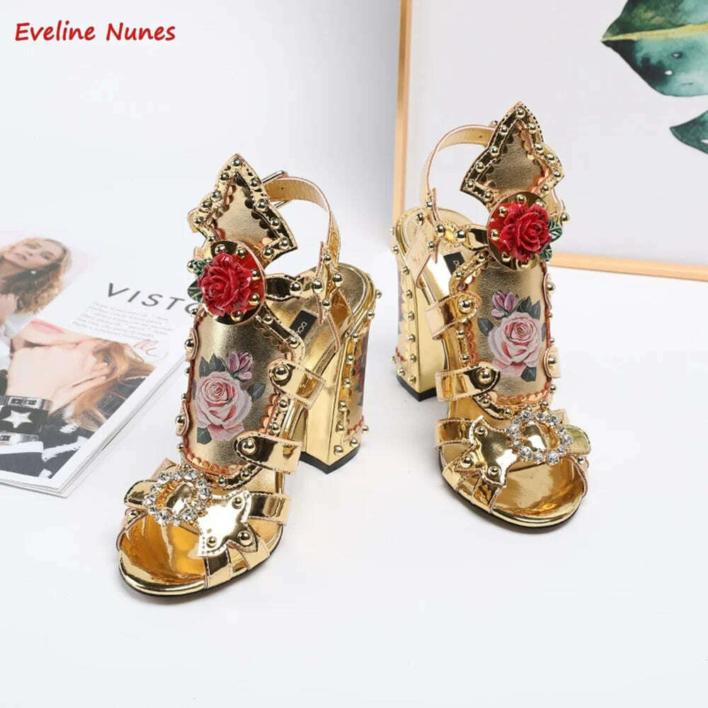 KIMLUD, Gold Print Rose Sandals 2022 Summer New Arrival Rhinestones Thin High Heel Round Toe Ankle Strap Buckle Model Women's Shoes, Gold / 35, KIMLUD APPAREL - Womens Clothes