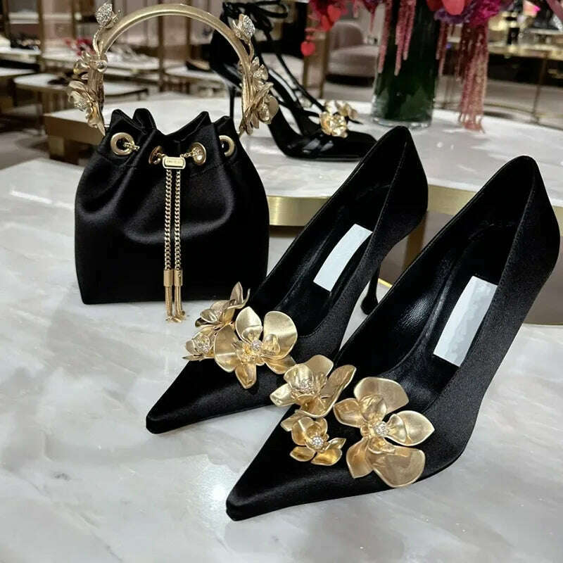 KIMLUD, Golden Flowers High Heels Women Silk Luxury Designer Sandal Metallic Flower Square Toe Pointed Fine Heel Party Dress Shoes Pumps, KIMLUD Womens Clothes