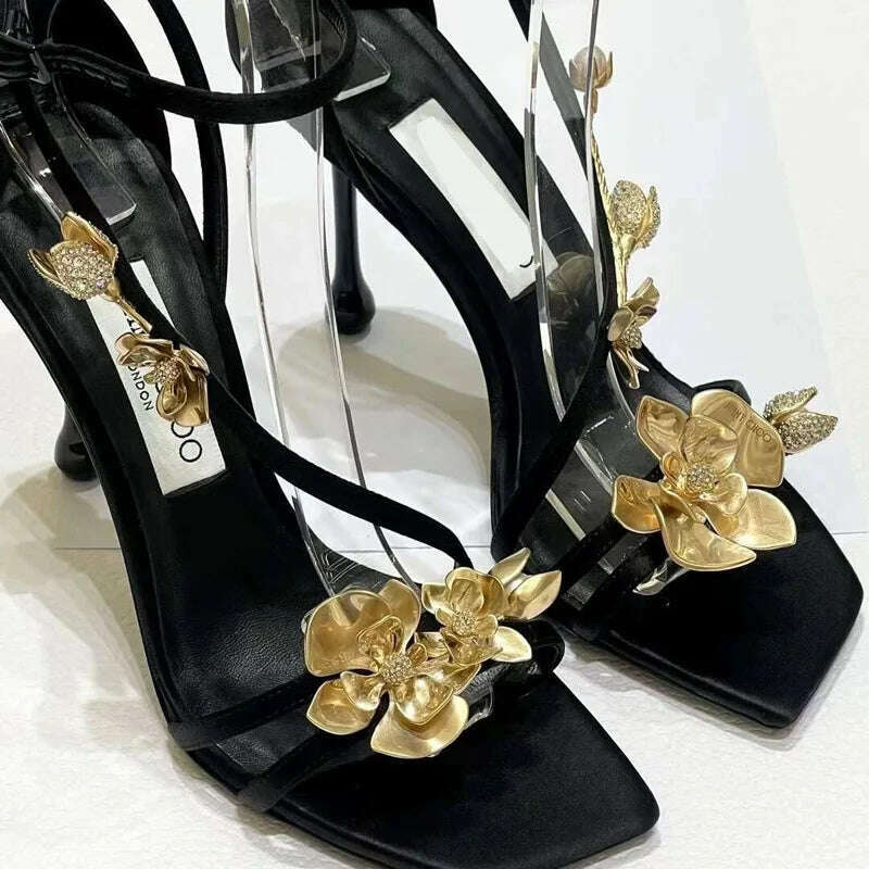 KIMLUD, Golden Flowers High Heels Women Silk Luxury Designer Sandal Metallic Flower Square Toe Pointed Fine Heel Party Dress Shoes Pumps, black 1 / 38, KIMLUD APPAREL - Womens Clothes