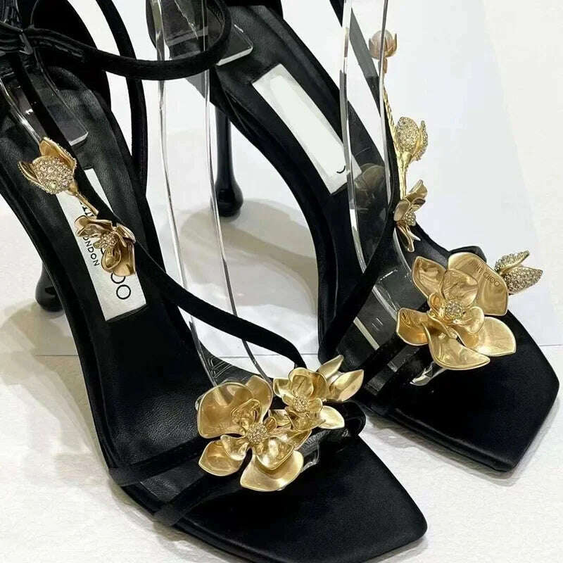 KIMLUD, Golden Flowers Women Silk High Heels Luxury Designer Sandal Metallic Flower Square Toe Pointed Fine Heel Party Dress Shoes Pumps, black 1 / 35, KIMLUD APPAREL - Womens Clothes