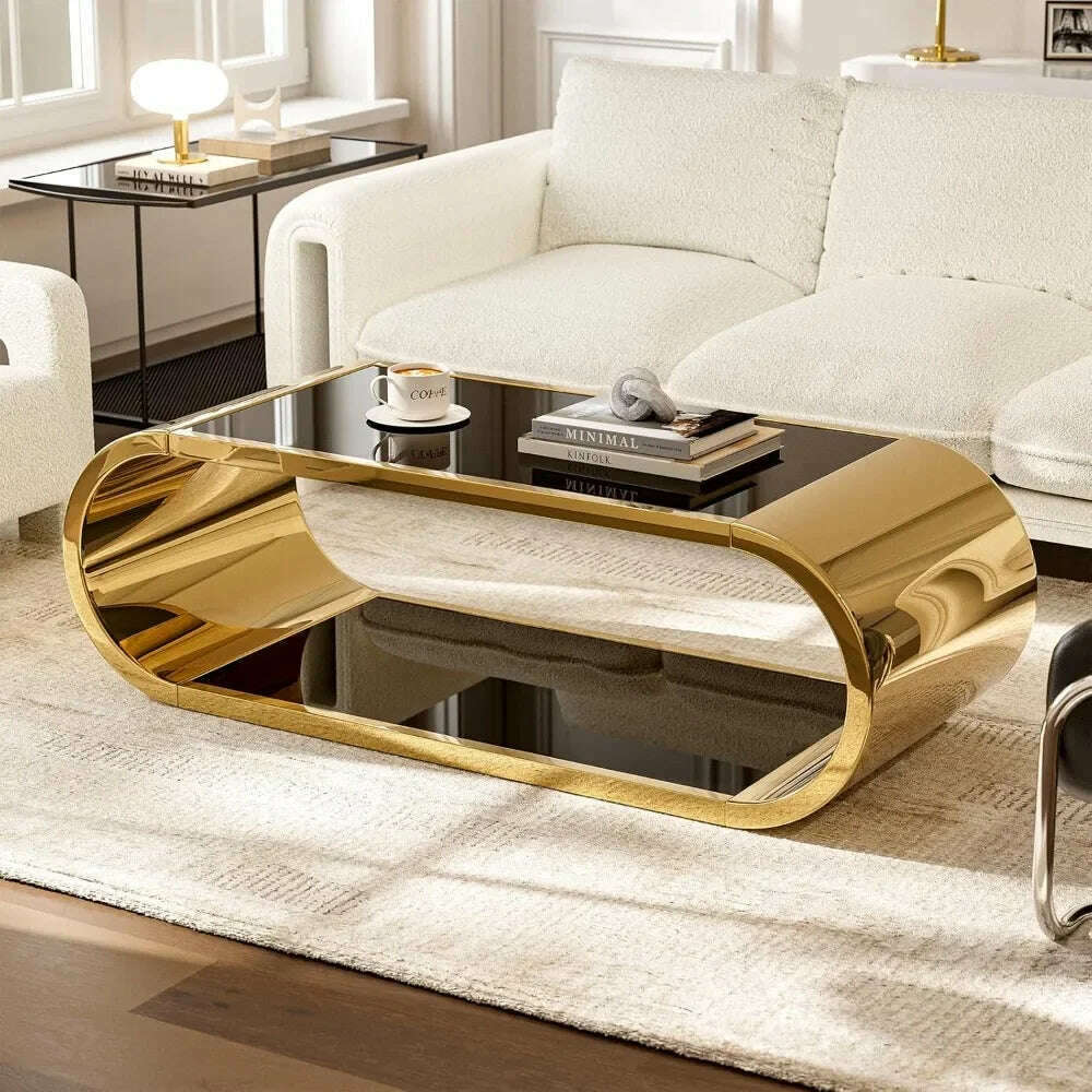 Golden Stainless Steel Glass Coffee Table, Modern Living Room Coffee Table, 2-story Glass Roof Large Space Stylish Design - KIMLUD