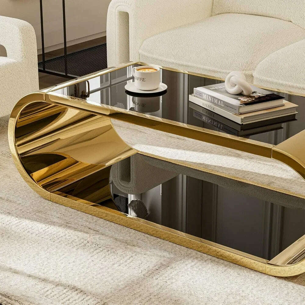 KIMLUD, Golden Stainless Steel Glass Coffee Table, Modern Living Room Coffee Table, 2-story Glass Roof Large Space Stylish Design, KIMLUD Womens Clothes