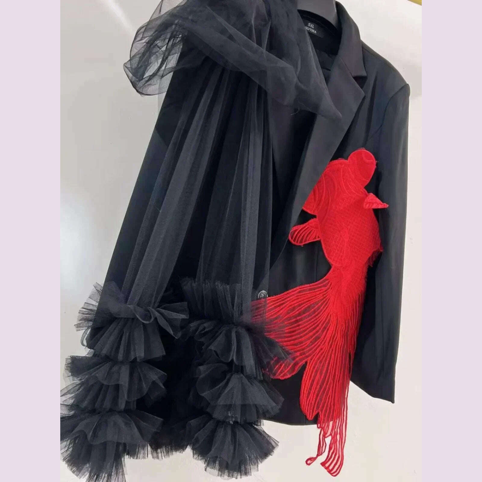 KIMLUD, Goldfish Embroidery Mesh Spliced Ruffles Shawl Blazer Coat OL Turn Down Collar Gauze Pleated Suit Jacket Irregular Cardigan Tops, KIMLUD Womens Clothes