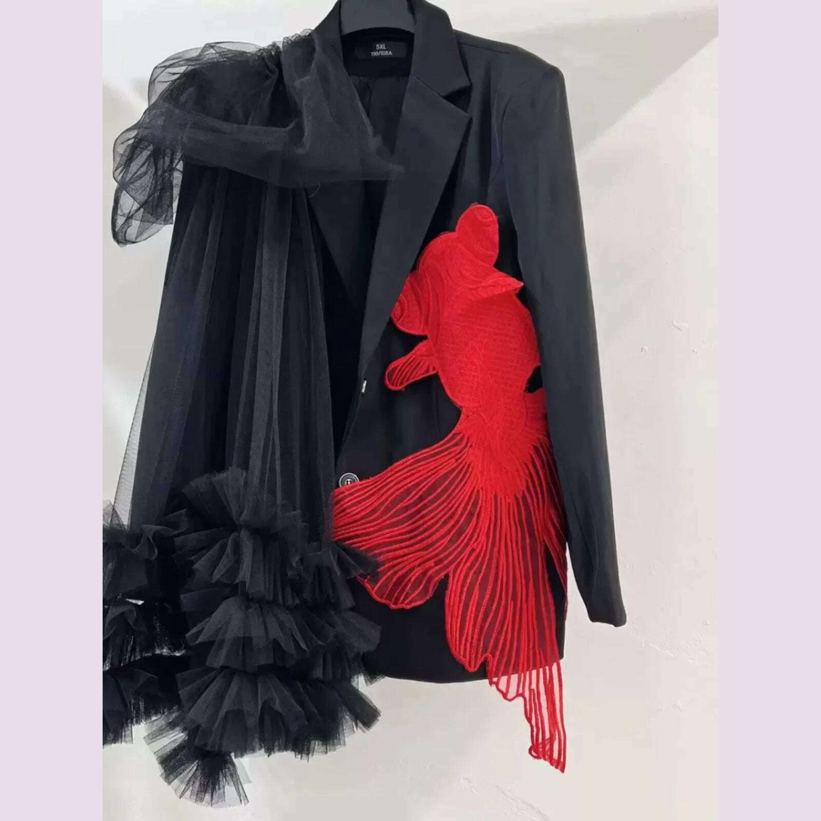 KIMLUD, Goldfish Embroidery Mesh Spliced Ruffles Shawl Blazer Coat OL Turn Down Collar Gauze Pleated Suit Jacket Irregular Cardigan Tops, KIMLUD Womens Clothes