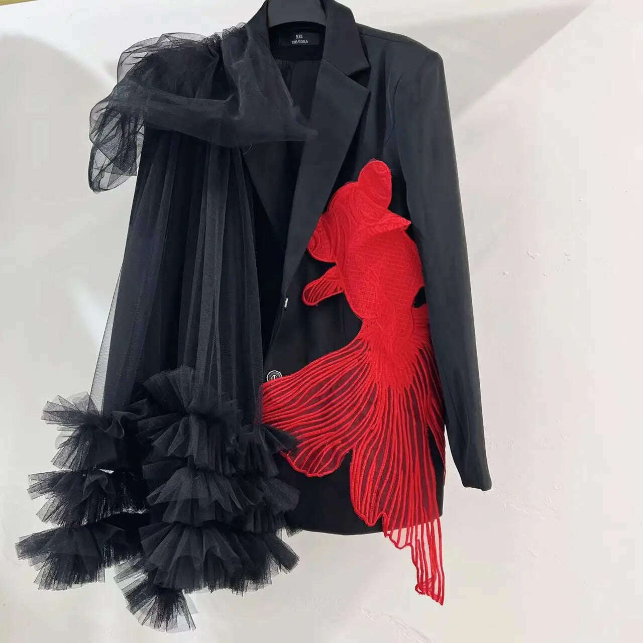 KIMLUD, Goldfish Embroidery Mesh Spliced Ruffles Shawl Blazer Coat OL Turn Down Collar Gauze Pleated Suit Jacket Irregular Cardigan Tops, KIMLUD Womens Clothes