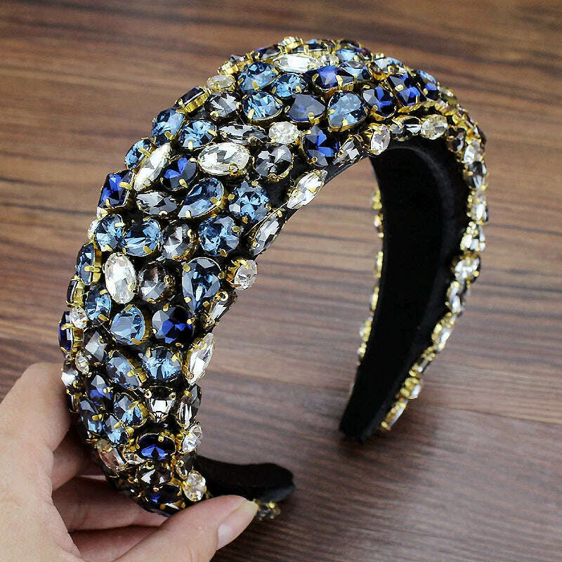 Gorgeous Baroque Hair Jewelry Bohemian Padded Crystal Crown Headbands Exaggerated Rhinestone Tiara Hairbands For Women Wedding - KIMLUD