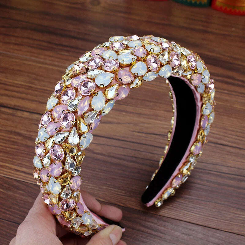 Gorgeous Baroque Hair Jewelry Bohemian Padded Crystal Crown Headbands Exaggerated Rhinestone Tiara Hairbands For Women Wedding - KIMLUD