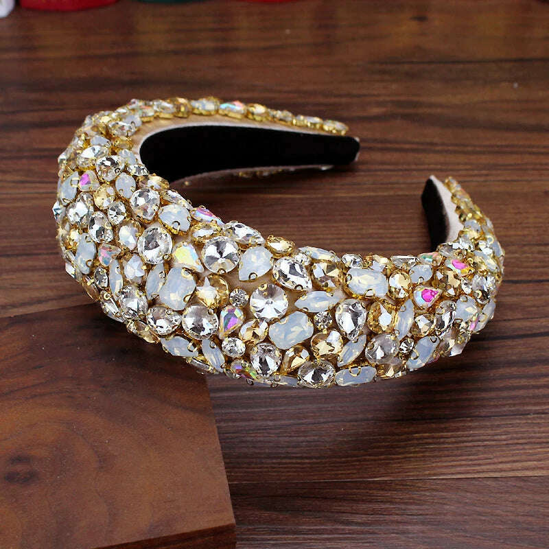 Gorgeous Baroque Hair Jewelry Bohemian Padded Crystal Crown Headbands Exaggerated Rhinestone Tiara Hairbands For Women Wedding - KIMLUD