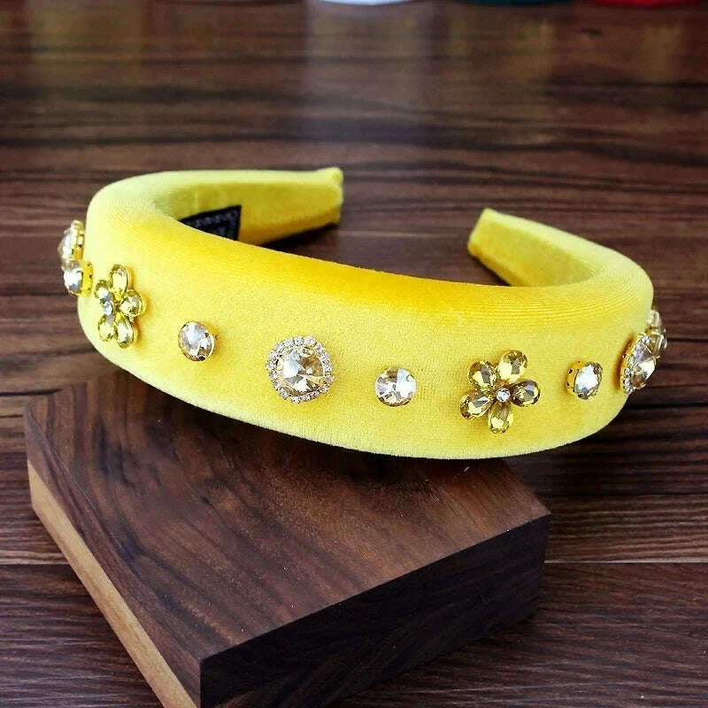 KIMLUD, Gorgeous Baroque Hair Jewelry Bohemian Padded Crystal Crown Headbands Exaggerated Rhinestone Tiara Hairbands For Women Wedding, yellow, KIMLUD APPAREL - Womens Clothes