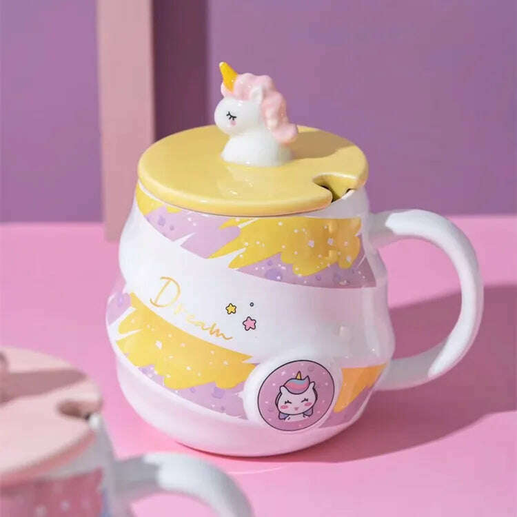 KIMLUD, Gorgeous Relief Unicorn Coffee Mug with Mobile Phone Holder Lid Cute Water Tea Ceramic Milk Breakfast Cup Creative Gift, Unicor Yellow Stripe / 301-400ml, KIMLUD APPAREL - Womens Clothes