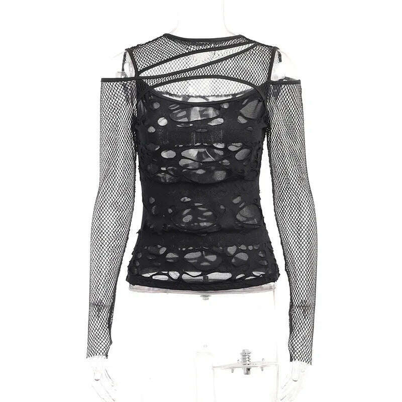 KIMLUD, Goth Dark Frayed Mall Gothic Hollow Out T-shirts Grunge Punk Fishnet Patchwork Women Blouses Sexy Long Sleeve Alt Streetwear Top, black / L, KIMLUD APPAREL - Womens Clothes