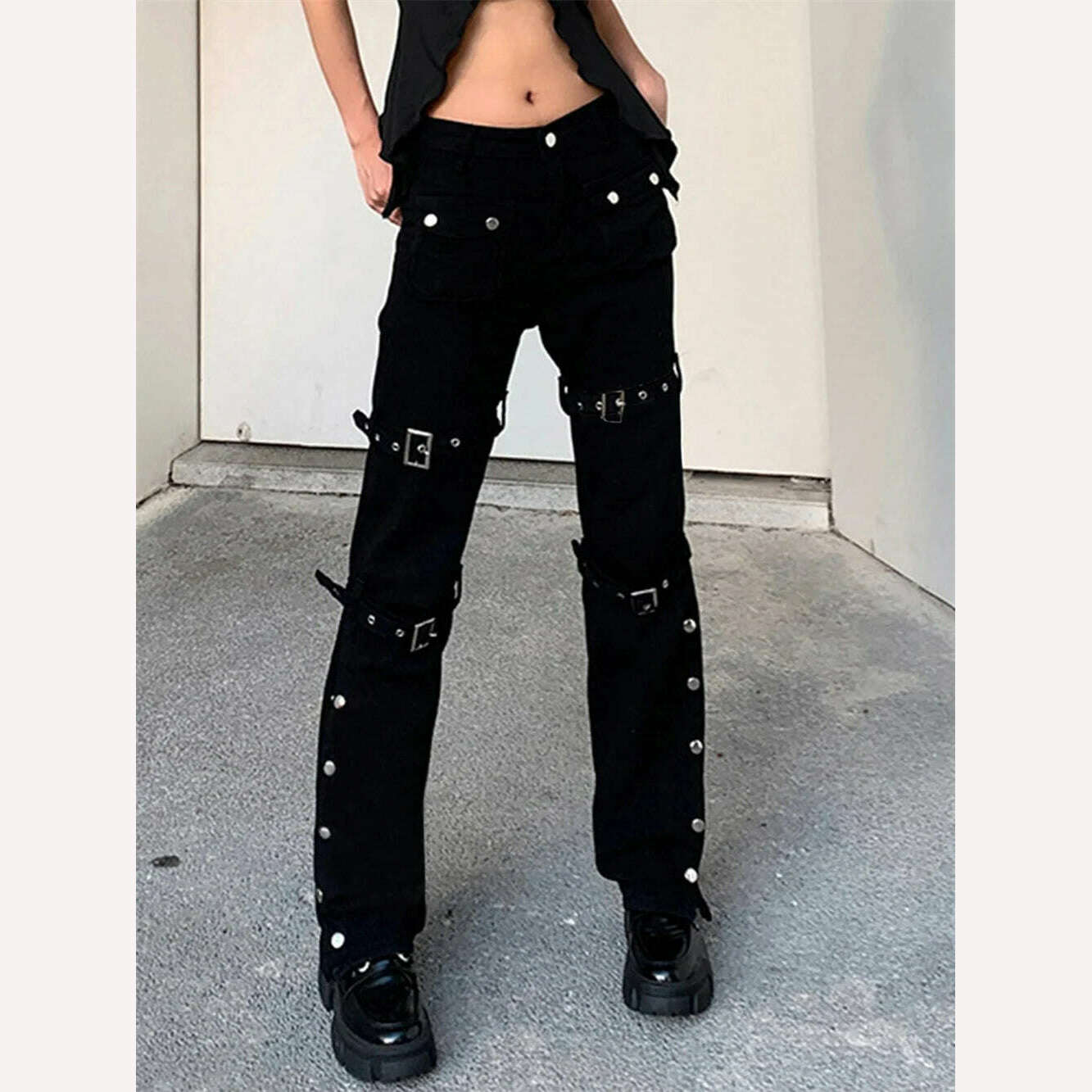 KIMLUD, Gothic Bandage Women Baggy Jeans Punk Style Egirl Black Denim Trousers Y2K Dark Academia Hight Waist Streetwear Pants, new1 no belt / S, KIMLUD APPAREL - Womens Clothes