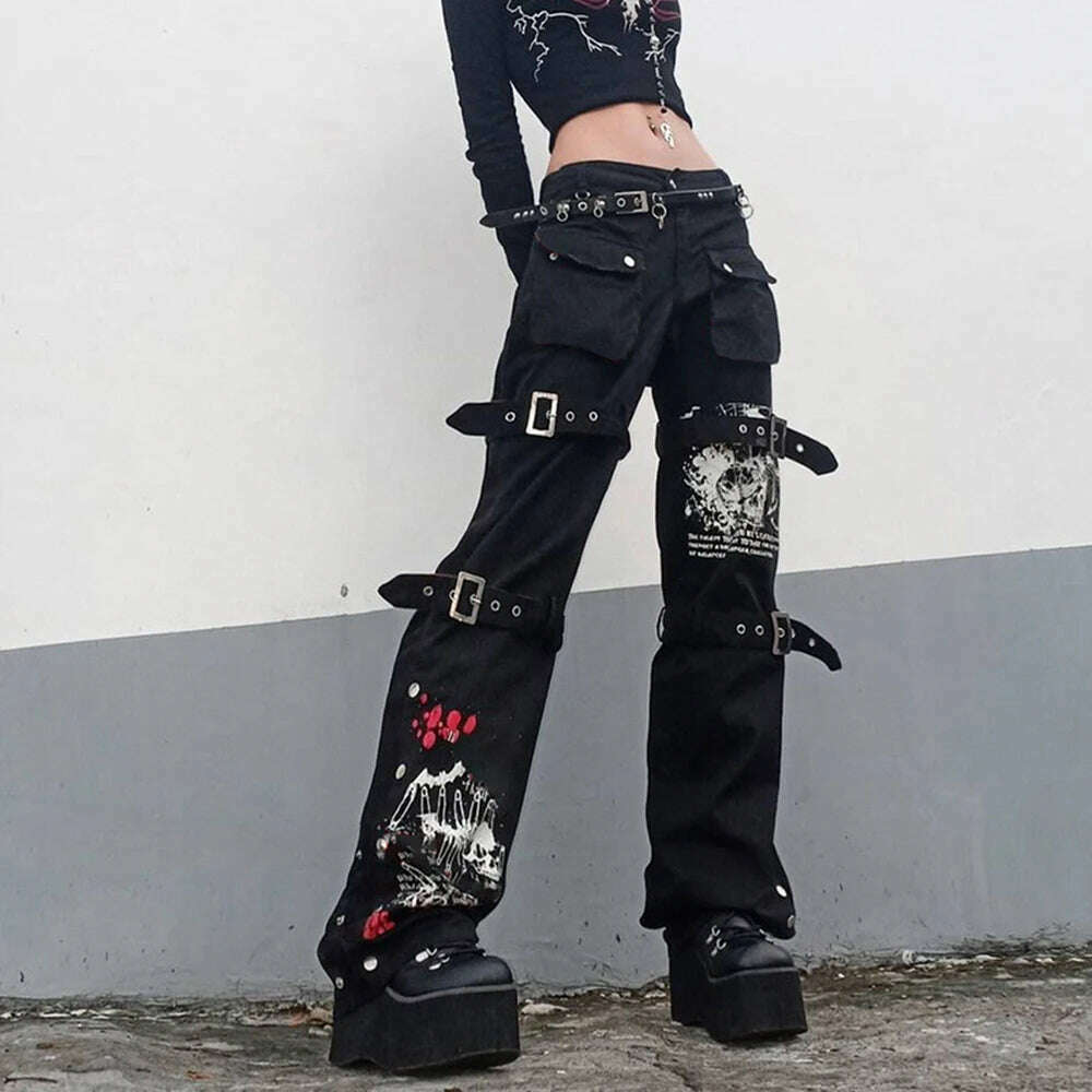 KIMLUD, Gothic Bandage Women Baggy Jeans Punk Style Egirl Black Denim Trousers Y2K Dark Academia Hight Waist Streetwear Pants, new2 no belt / S, KIMLUD APPAREL - Womens Clothes