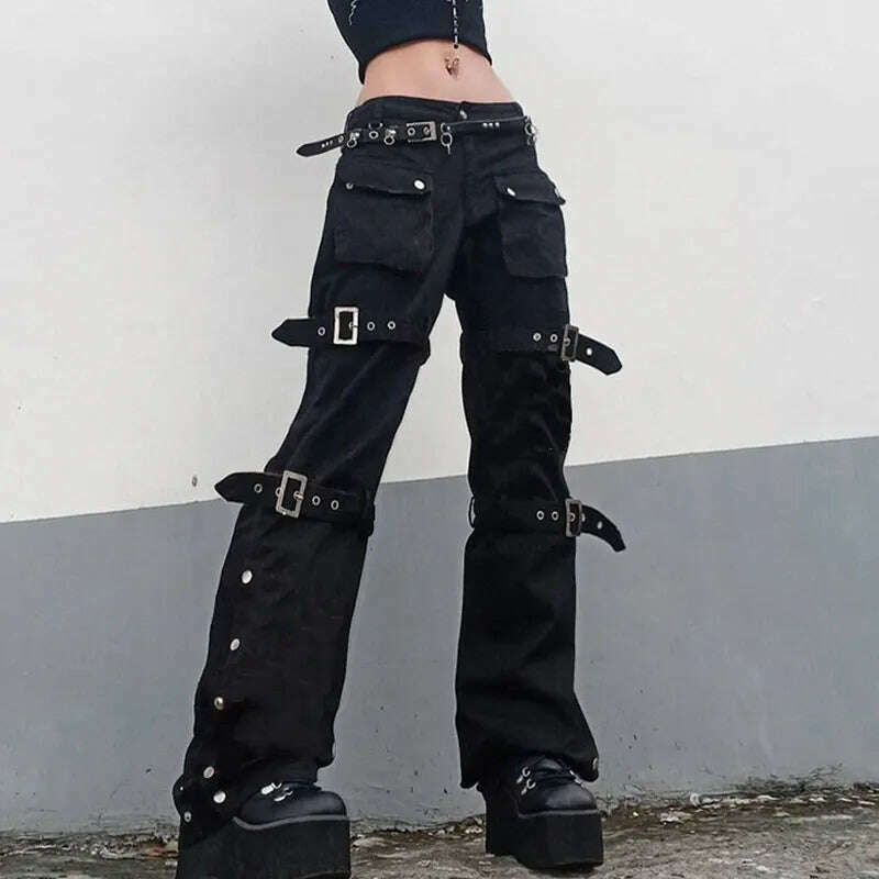 KIMLUD, Gothic Bandage Women Baggy Jeans Punk Style Egirl Black Denim Trousers Y2K Dark Academia Hight Waist Streetwear Pants, new3 no belt / S, KIMLUD APPAREL - Womens Clothes