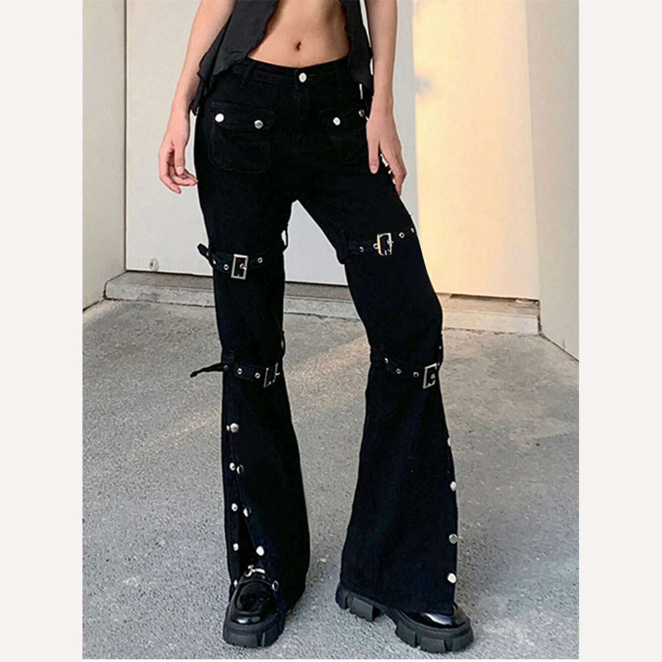 KIMLUD, Gothic Bandage Women Baggy Jeans Punk Style Egirl Black Denim Trousers Y2K Dark Academia Hight Waist Streetwear Pants, KIMLUD Womens Clothes