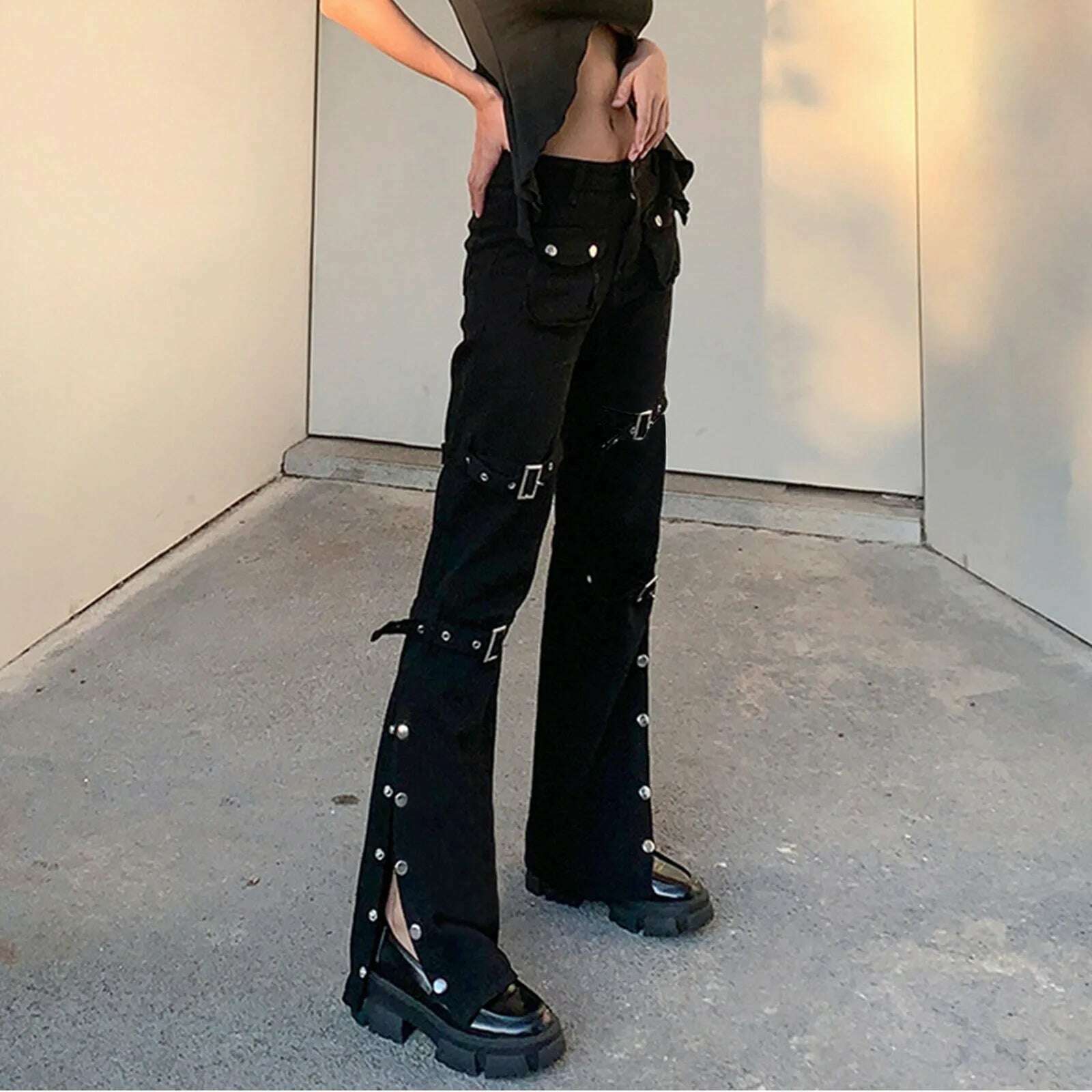 KIMLUD, Gothic Bandage Women Baggy Jeans Punk Style Egirl Black Denim Trousers Y2K Dark Academia Hight Waist Streetwear Pants, KIMLUD Womens Clothes