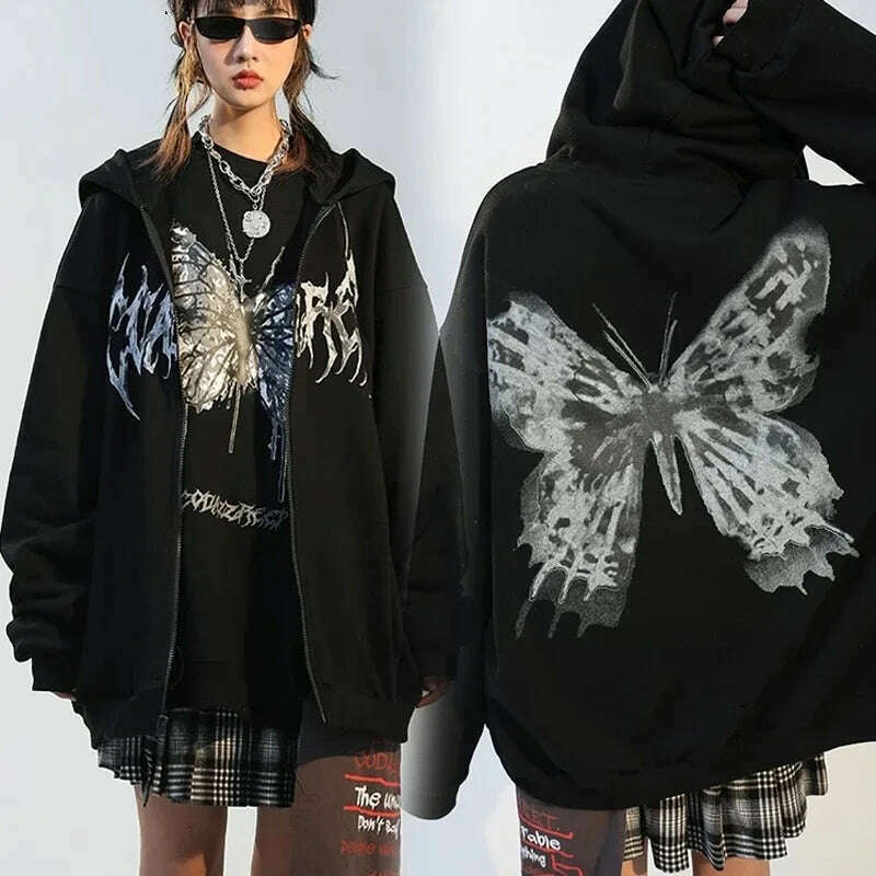 Gothic Graphic Print Jackets Women Y2K Zip Up Hoodies Streetwear Sweatshirts Hip Hop Tops Loose Harajuku Casual Coats - KIMLUD