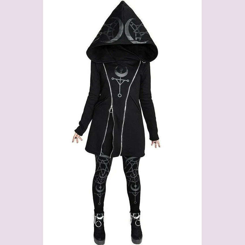 KIMLUD, Gothic Punk Print Long-sleeved Top Harajuku Retro Hooded Double Zipper Long Sweater 2022 New Autumn and Winter Women's Tops Emo, KIMLUD Womens Clothes