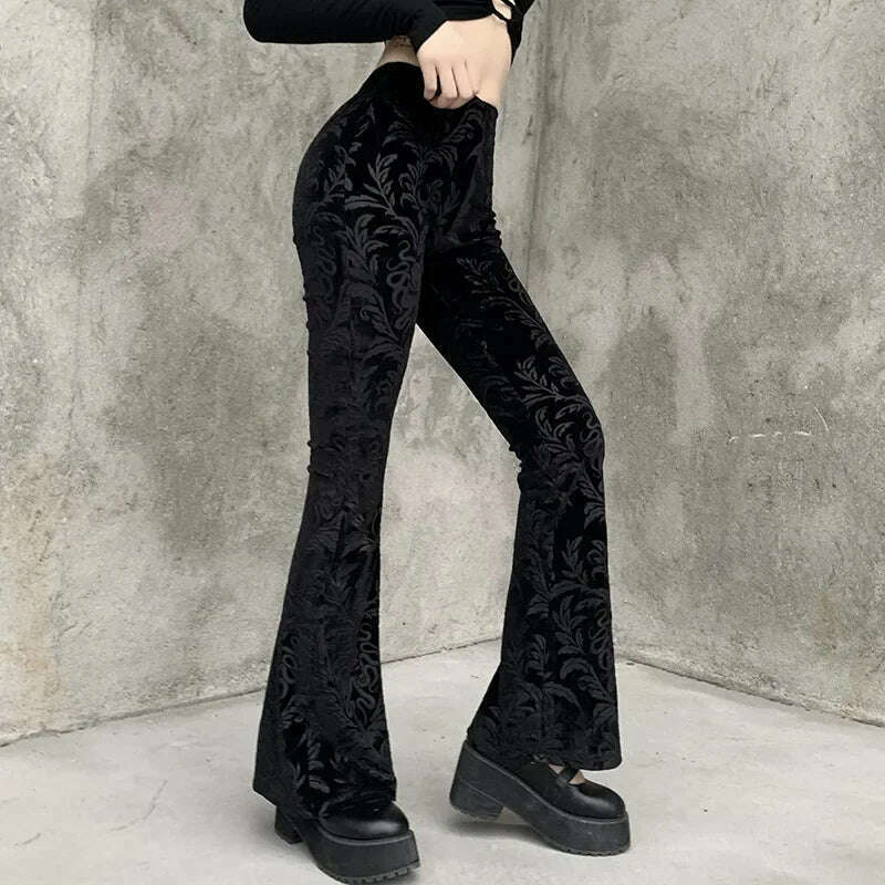 Gothic Retro Print Black Pants Women Harajuku High Waist Flared Pants 2023 Punk Velvet Trousers Vintage Streetwear Dark Academia - KIMLUD