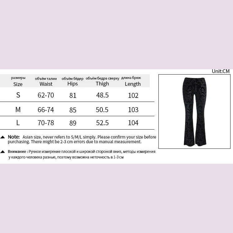 KIMLUD, Gothic Retro Print Black Pants Women Harajuku High Waist Flared Pants 2023 Punk Velvet Trousers Vintage Streetwear Dark Academia, KIMLUD Womens Clothes