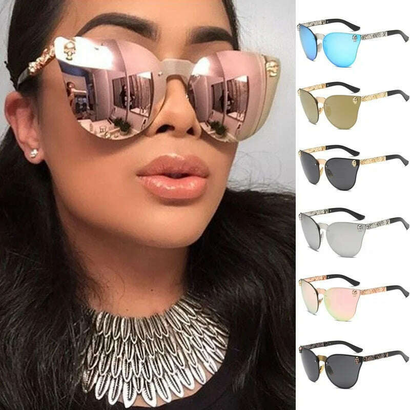 Gothic Skull Sunglasses Women Men Rimless Cat Eye with Skull Head Rhinestone Mirrored Ladies Sun Glasses Punk Metal Shades - KIMLUD