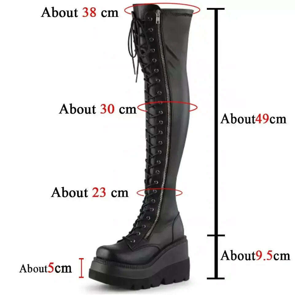 KIMLUD, Gothic Thigh High Boots Women Platform Wedges Motorcycle Boot Over The Knee Army Stripper Heels Punk Lace-up Belt Buckle Long, Black / 35, KIMLUD APPAREL - Womens Clothes