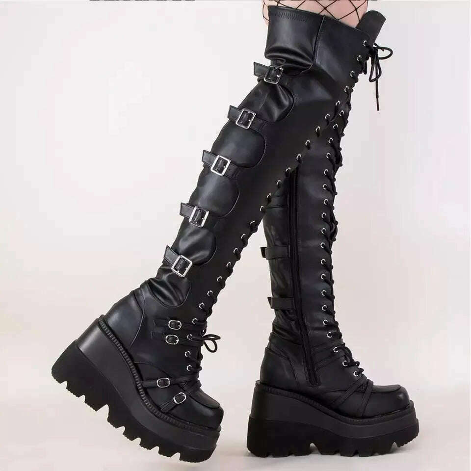 KIMLUD, Gothic Thigh High Boots Women Platform Wedges Motorcycle Boot Over The Knee Army Stripper Heels Punk Lace-up Belt Buckle Long, KIMLUD Womens Clothes