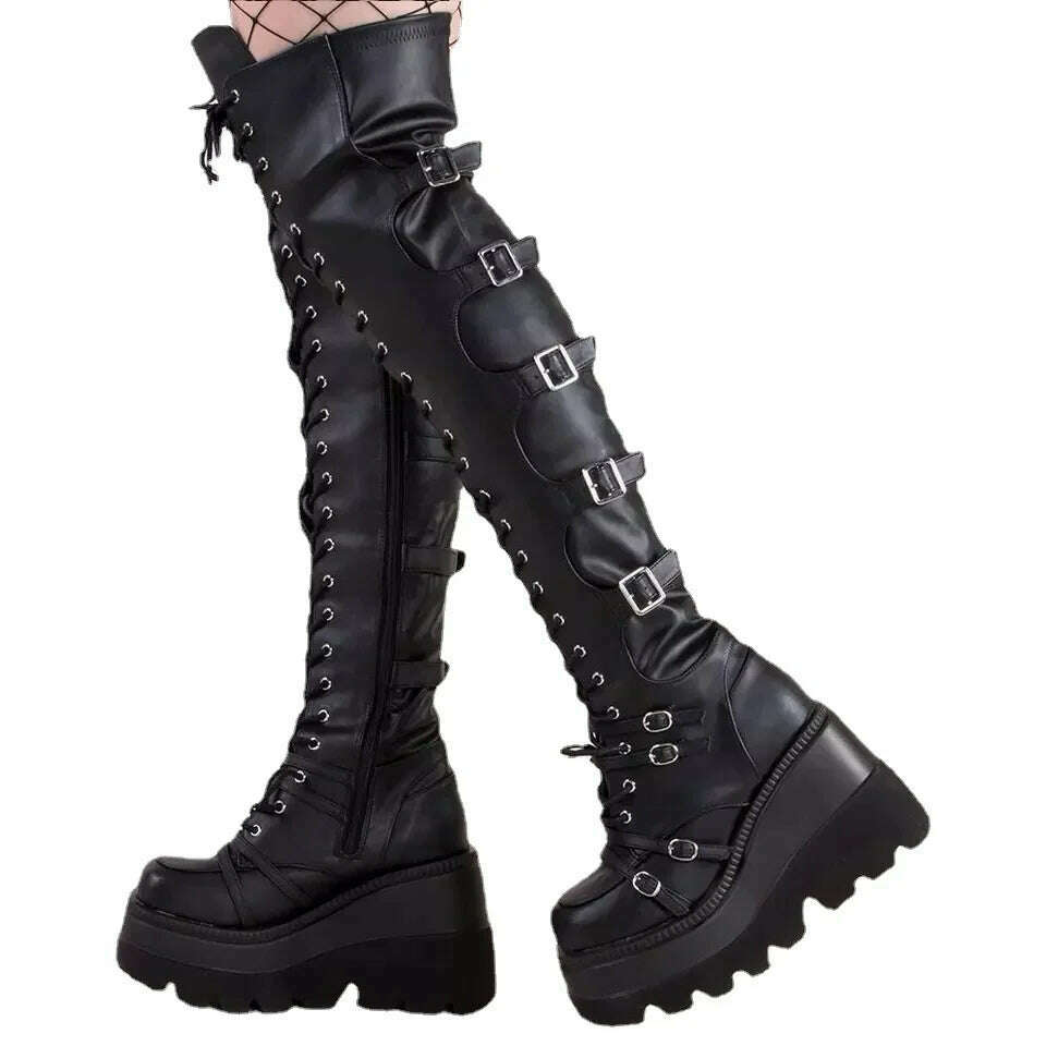 KIMLUD, Gothic Thigh High Boots Women Platform Wedges Motorcycle Boot Over The Knee Army Stripper Heels Punk Lace-up Belt Buckle Long, KIMLUD Womens Clothes