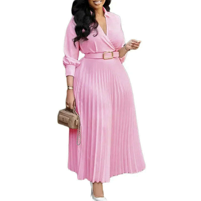 KIMLUD, Gowns Dashiki African Dresses for Women Summer Autumn African 3/4 Sleeve V-neck Polyester Party Evening Pleat Dress With Belt, Pink / XXXL, KIMLUD APPAREL - Womens Clothes