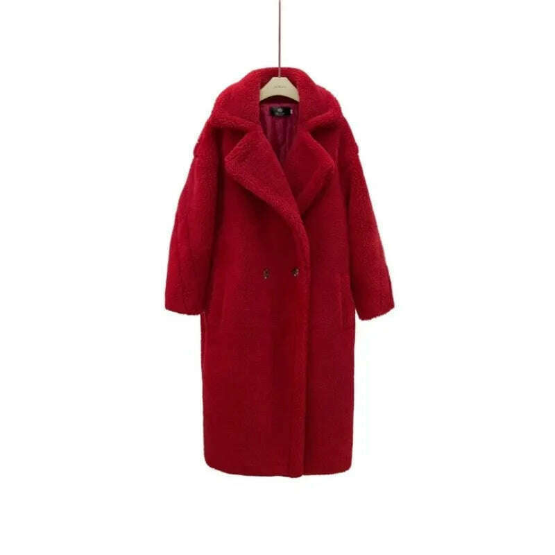 KIMLUD, Grain Sheep Camel Fur Coat Women'S Autumn Thickened Lamb Fleece Lapel Double Breasted Mid Length Coat, Red / S / CHINA, KIMLUD APPAREL - Womens Clothes