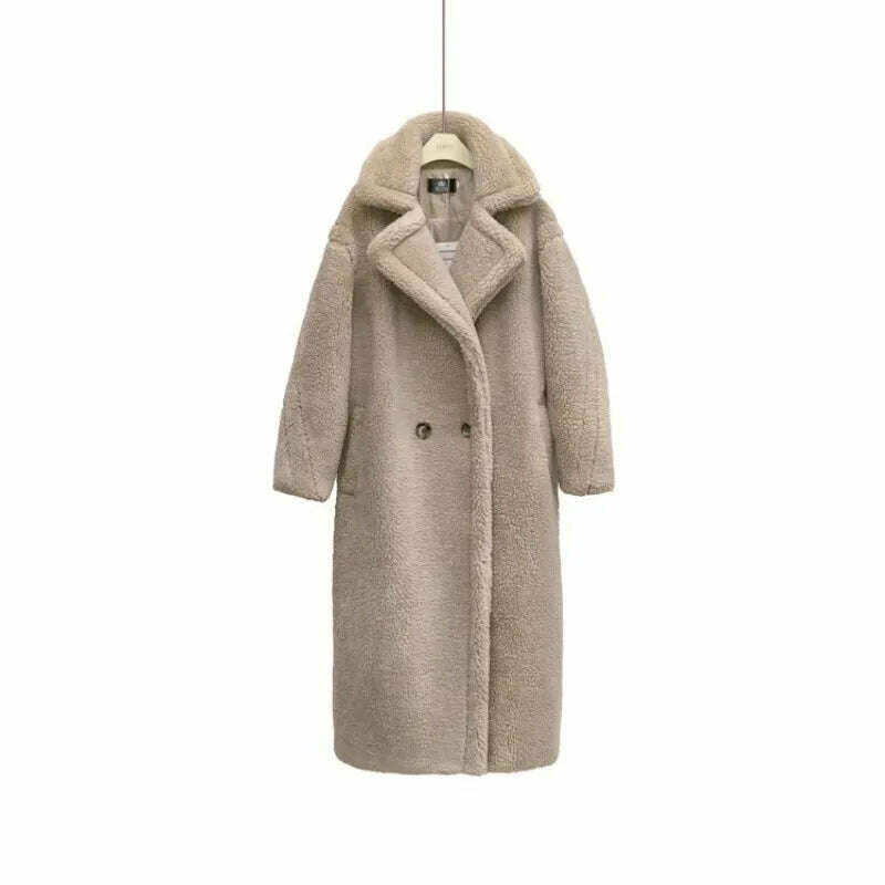 KIMLUD, Grain Sheep Camel Fur Coat Women'S Autumn Thickened Lamb Fleece Lapel Double Breasted Mid Length Coat, Khaki / S / CHINA, KIMLUD APPAREL - Womens Clothes