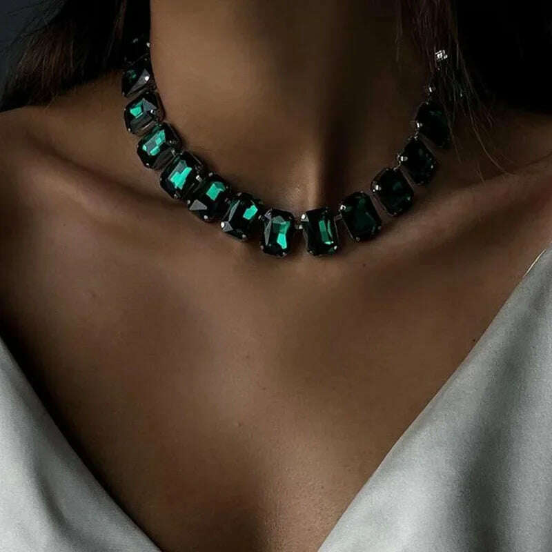 Green Crystal Choker Luxury Designer Necklace for Women Fashion Geometric Necklace Rectangle Cube Jewelry Accessories - KIMLUD