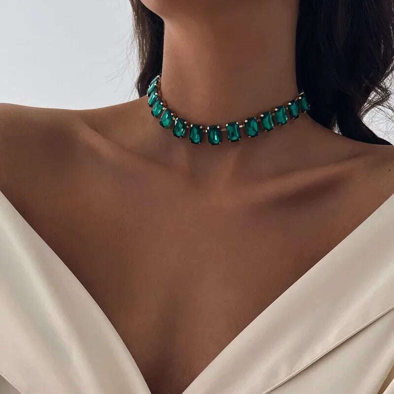 KIMLUD, Green Crystal Choker Luxury Designer Necklace for Women Fashion Geometric Necklace Rectangle Cube Jewelry Accessories, KIMLUD Womens Clothes