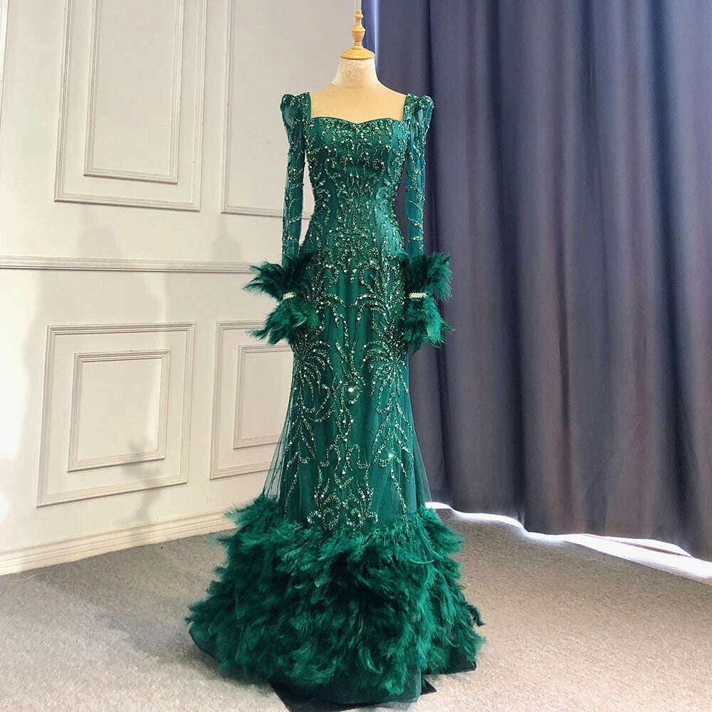 KIMLUD, Green Elegant Mermaid Evening Dresses Gowns 2023 Beaded Feather Luxury For Women Party BLA71576 Serene Hill, green / 2, KIMLUD APPAREL - Womens Clothes