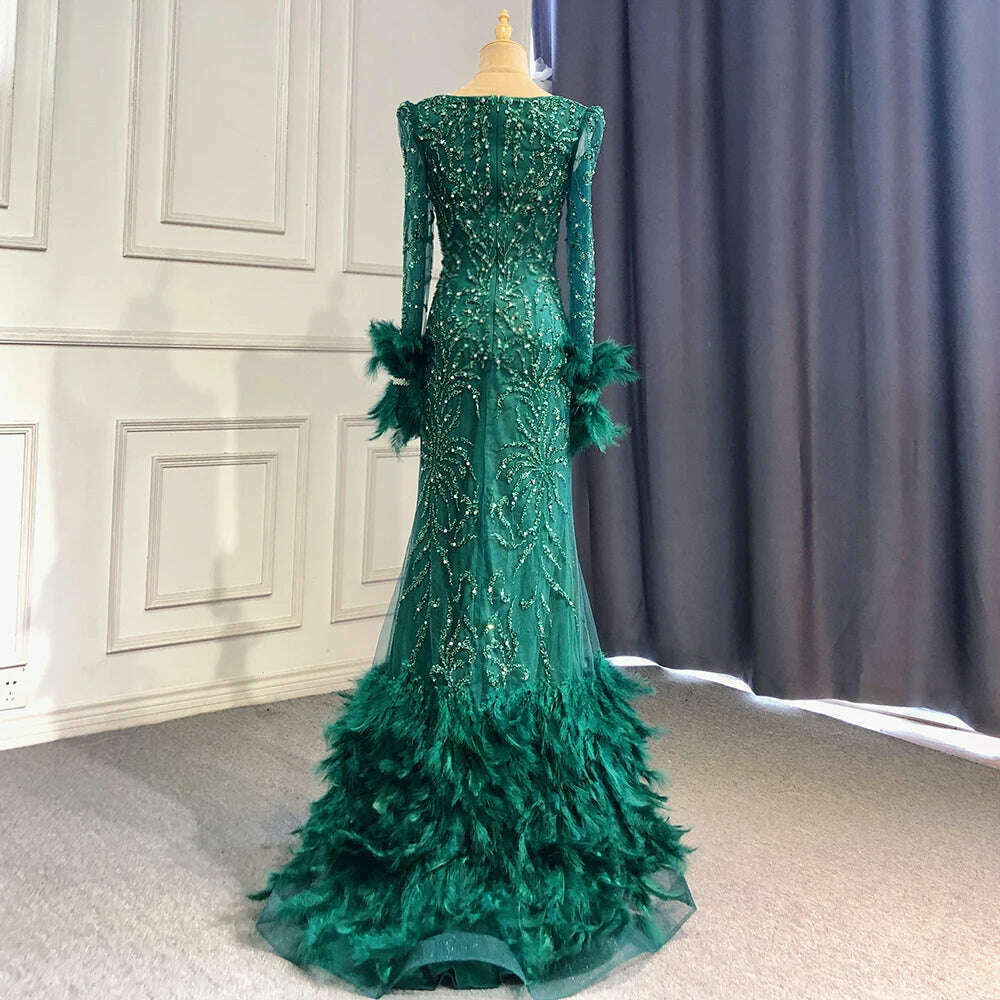 KIMLUD, Green Elegant Mermaid Evening Dresses Gowns 2023 Beaded Feather Luxury For Women Party BLA71576 Serene Hill, KIMLUD Womens Clothes